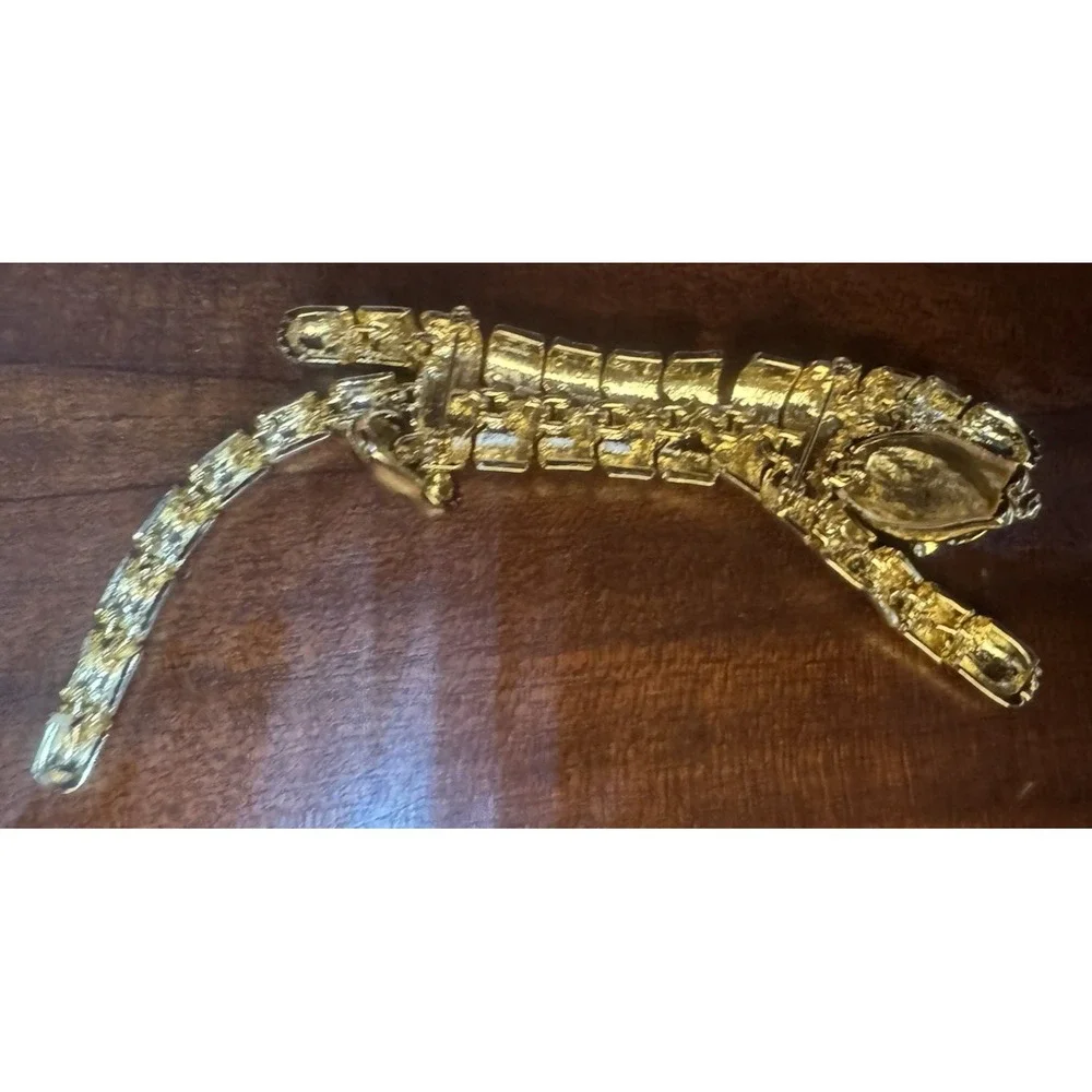 Vintage Articulated Panther Leopard Brooch Gold Tone Green Eyes Statement Jewelr